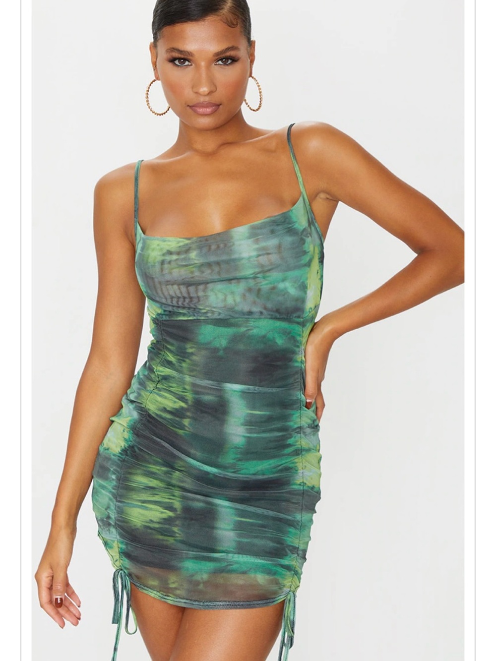 PrettyLittleThing Green Tie Dye Print Strappy Ruched Tie Hem Bodycon Dress